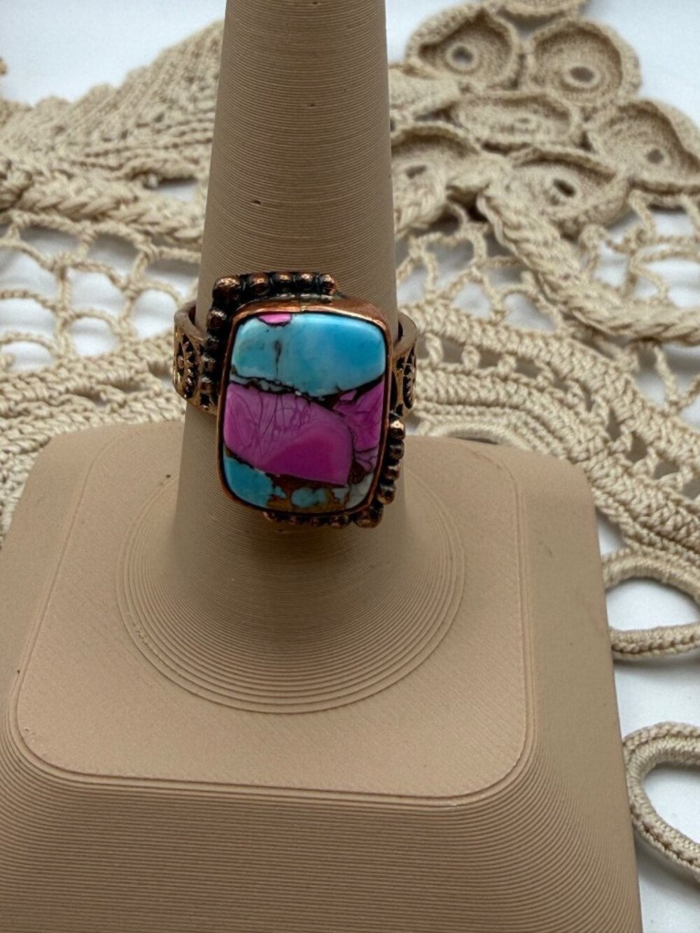 Handcrafted Cotton Candy Turquoise Copper Ring Turquoise Wide Band Southwest Adj